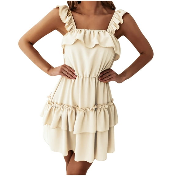 Womens Casual Solid Color Sling Sleeveless Double Layer Ruffles Slip Dress Summer Boho Floral Formal Sundresses Wedding Guest Prom Bodycon Cocktail Dresses A68-33422