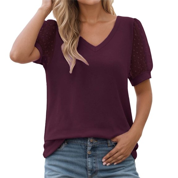 Womens Casual Solid Color T Shirt V Neck Chiffon Short Sleeve Top