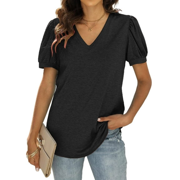 Womens Casual Solid Color Tops V Neck Summer Petal Sleeve Short Sleeve Casual Tshirts Long Sleeve Heat Workout Shirts Loose Solid Color Tops for Women Short Sleeve Spandex Shirt Women Short Sleeve T