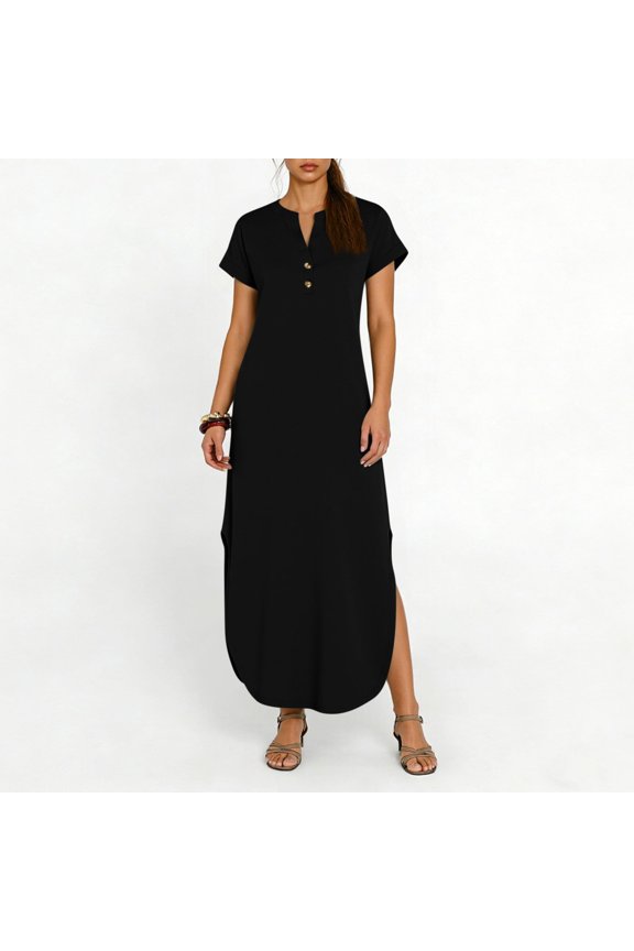 Womens Casual Solid Color V Neck Short Sleeve Maxi Dress Loose Fit Comfy Long Dresses with Side Pockets Lightweight Breathable for Summer Daily Wear Vacation