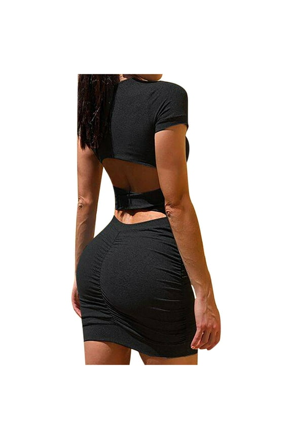 Womens Casual Solid Hollow U-Neck Short Sleeve Mini Dress Summer Boho Floral Sundresses Wedding Guest Graduation Prom Formal Cocktail Dresses that Hide Belly A520-24966