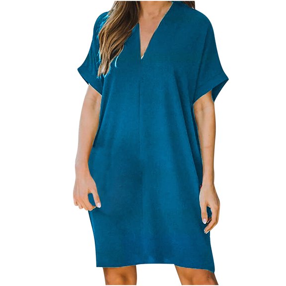 Womens Casual Solid Hollowing V Neck Loose Dress Summer Boho Floral Sundresses Wedding GueGraduation Prom Formal Cocktail Dresses that Hide Belly A520-1642