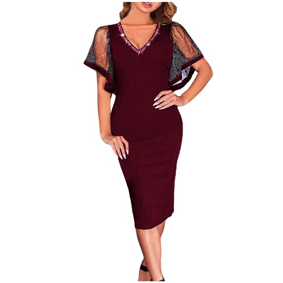 Womens Casual Solid Lace Short Sleeve Hot Drilling V Neck Party Dress Summer Boho Floral Formal Sundresses Wedding Guest Prom Bodycon Cocktail Dresses A68-30647