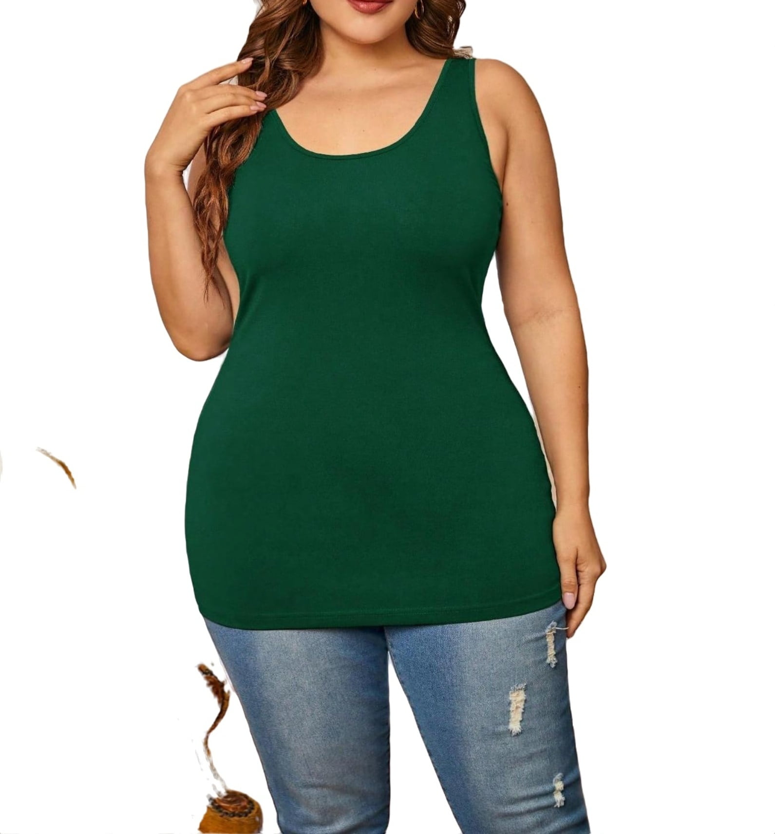 Womens Casual Solid Scoop Neck Tank Dark Green Plus Size Tank Tops Camis Women s