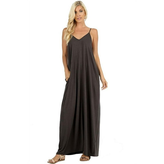 Womens Casual Solid V Neck Spaghetti Strap Maxi Dress