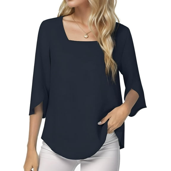 Womens Casual Square Neck Loose Top 3/4 Sleeve Chiffon Blouse Shirt Tops
