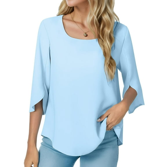 Womens Casual Square Neck Loose Top 3/4 Sleeve Chiffon Blouse Shirt Tops