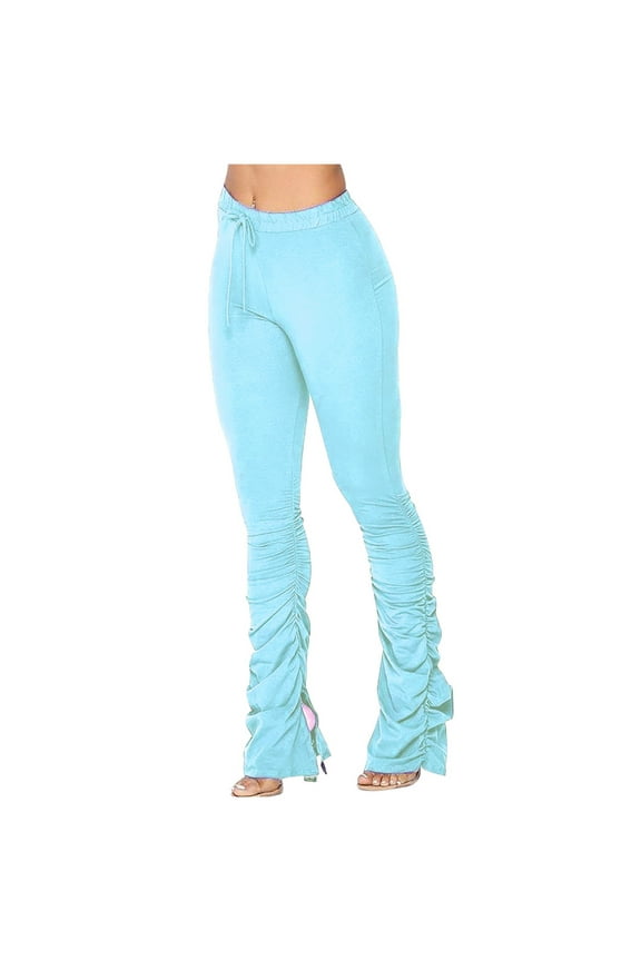 Womens Casual Stacked Sweat Pants Mid Rise Drawstring Soft Stretchy Lightweight Joggers Lounge Trousers for Women