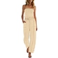thumbnail image 1 of Womens Casual Strapless Jumpsuits off Shoulder Long Wide Leg Pants Drawstring One Piece Jumpsuit with Pockets Beige, 1 of 9