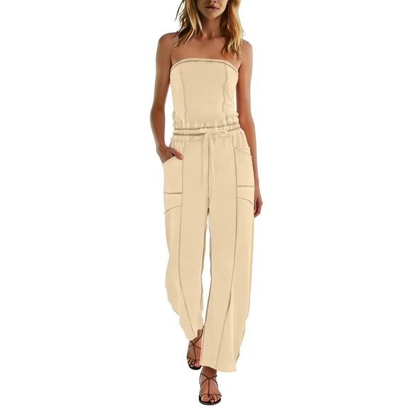 Womens Casual Strapless Jumpsuits off Shoulder Long Wide Leg Pants Drawstring One Piece Jumpsuit with Pockets Beige