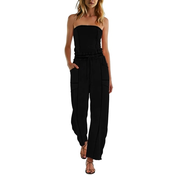Womens Casual Strapless Jumpsuits off Shoulder Long Wide Leg Pants Drawstring One Piece Jumpsuit with Pockets Black