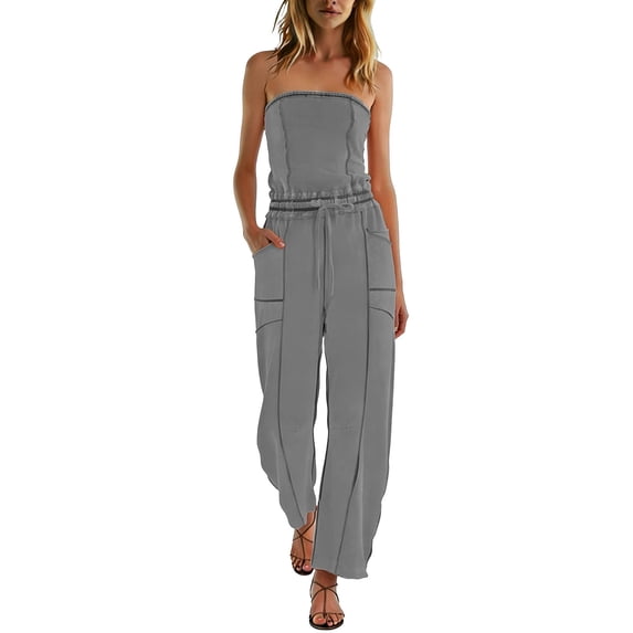 Womens Casual Strapless Jumpsuits off Shoulder Long Wide Leg Pants Drawstring One Piece Jumpsuit with Pockets Gray