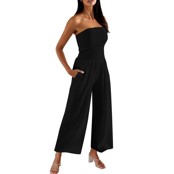 Womens Casual Strapless Summer Jumpsuits Loose Off Shoulder Smocked Sleeveless Wide Leg Romper with Pockets