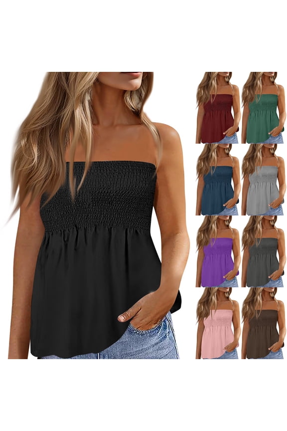 Womens Casual Strapless Tube Tops Bandeau Tanks Loose Sleeveless Flowy Summer Blouses Black XL