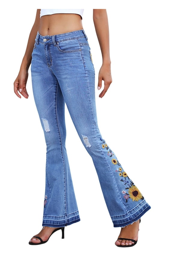 Womens Casual Stretch Mid Waist Embroidered Sunflower Bell Bottom Jeans, Sunflower , Large