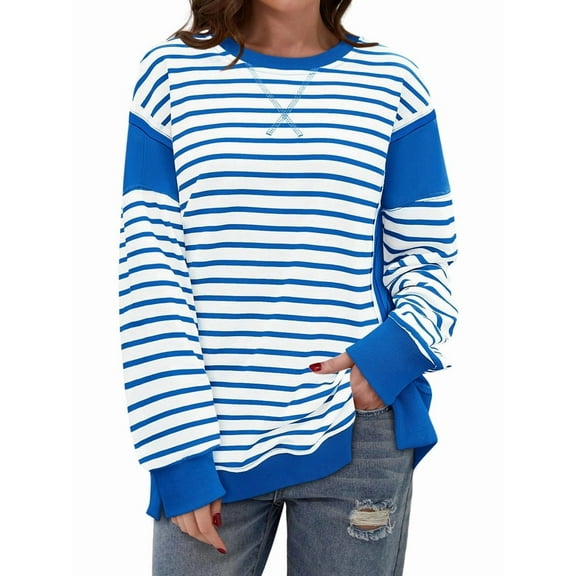 Womens Casual Striped Color Block Long Sleeve Crewneck Sweatshirts Pullover Tops Blue L