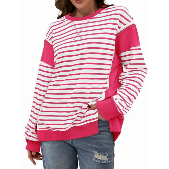 Womens Casual Striped Color Block Long Sleeve Crewneck Sweatshirts Pullover Tops Pink S