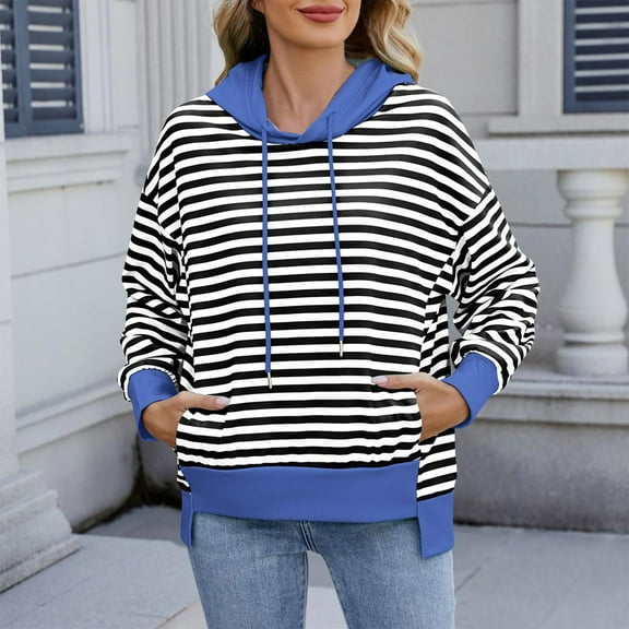 Womens Casual Striped Hoodies Fall Long Sleeve Sweatshirts Soft Loose Color Block Pullover Tops with Drawstring Black M