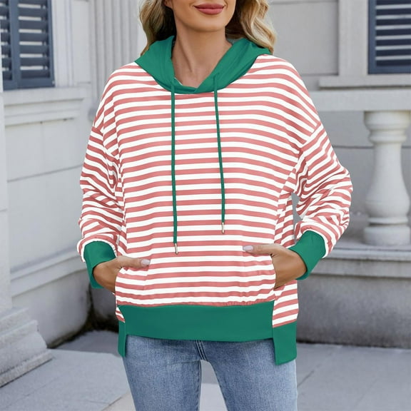 Womens Casual Striped Hoodies Fall Long Sleeve Sweatshirts Soft Loose Color Block Pullover Tops with Drawstring Pink M