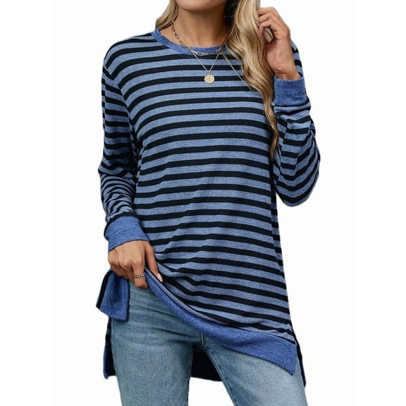 Womens Casual Striped Long Sleeve Shirt Trendy Crew Neck Slim Loose Fit Basic Blouses Tops Blue Black XXL