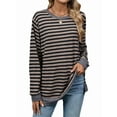 thumbnail image 1 of Womens Casual Striped Long Sleeve Shirt Trendy Crew Neck Slim Loose Fit Basic Blouses Tops Coffee Black XL, 1 of 8