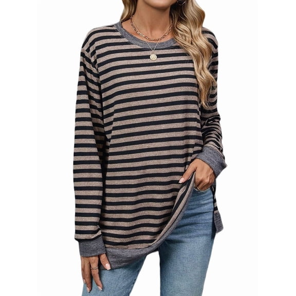 Womens Casual Striped Long Sleeve Shirt Trendy Crew Neck Slim Loose Fit Basic Blouses Tops Coffee Black XXL