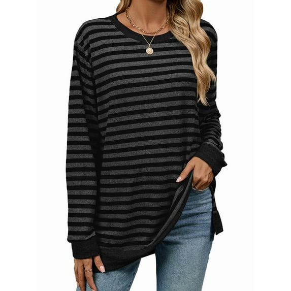 Womens Casual Striped Long Sleeve Shirt Trendy Crew Neck Slim Loose Fit Basic Blouses Tops Dark Gray Black XL