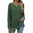 thumbnail image 1 of Womens Casual Striped Long Sleeve Shirt Trendy Crew Neck Slim Loose Fit Basic Blouses Tops Green & Black XL, 1 of 8