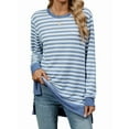 thumbnail image 1 of Womens Casual Striped Long Sleeve Shirt Trendy Crew Neck Slim Loose Fit Basic Blouses Tops Light Blue & White XL, 1 of 8