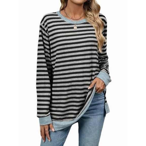 Womens Casual Striped Long Sleeve Shirt Trendy Crew Neck Slim Loose Fit Basic Blouses Tops Light Gray Black S