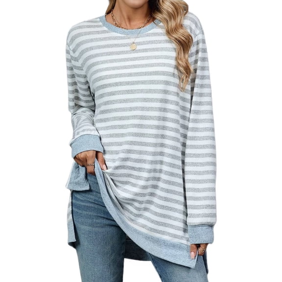 Womens Casual Striped Long Sleeve Shirt Trendy Crew Neck Slim Loose Fit Basic Blouses Tops Light Gray & White L