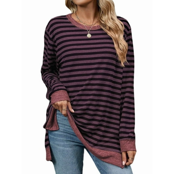 Womens Casual Striped Long Sleeve Shirt Trendy Crew Neck Slim Loose Fit Basic Blouses Tops Red & Black XL