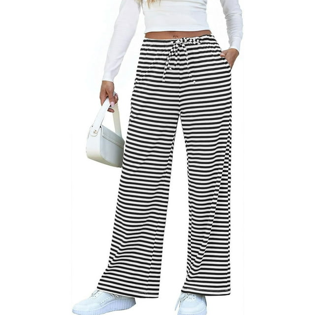 Womens Casual Striped Wide Leg Pants Drawstring Elastic Waist Y2K Straight Long Trousers Palazzo Pants Ribbed Sweatpants with Pockets Alsol Lamesa