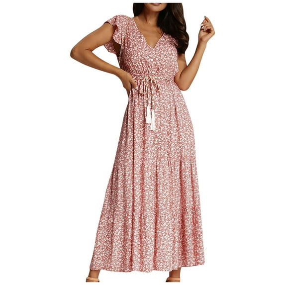 Womens Casual Summer Boho Floral Print Long Mixi Dress Ruffle Sleeve Bohemian V Neck Tie Waist Tiered Sun Dresses