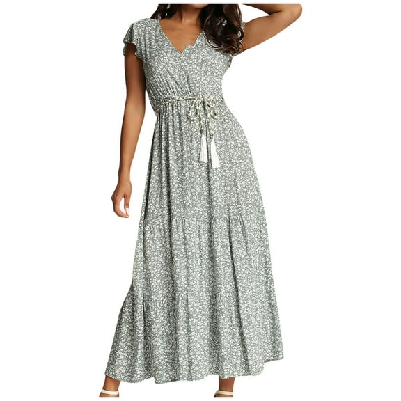 Womens Casual Summer Boho Floral Print Long Mixi Dress Ruffle Sleeve Bohemian V Neck Tie Waist Tiered Sun Dresses