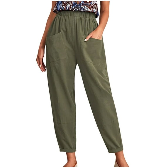 Womens Casual Summer Capri Pants Linen Elastic Capris Crop Loose Fit Cotton Wide Leg Pants Trousers with Pockets