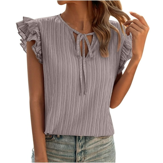 Womens Casual Summer Chiffon T Shirts Tie Neck Ruffle Short Sleeve Comfy Stretchy Work Office Blouses Tunic Tops
