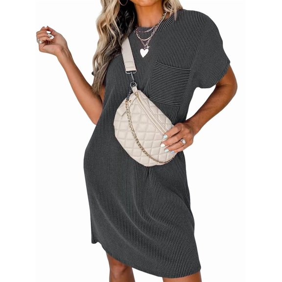 Womens Casual Summer Crewneck Short Sleeve Ribbed Mini Tshirt Dress Dark Gray M