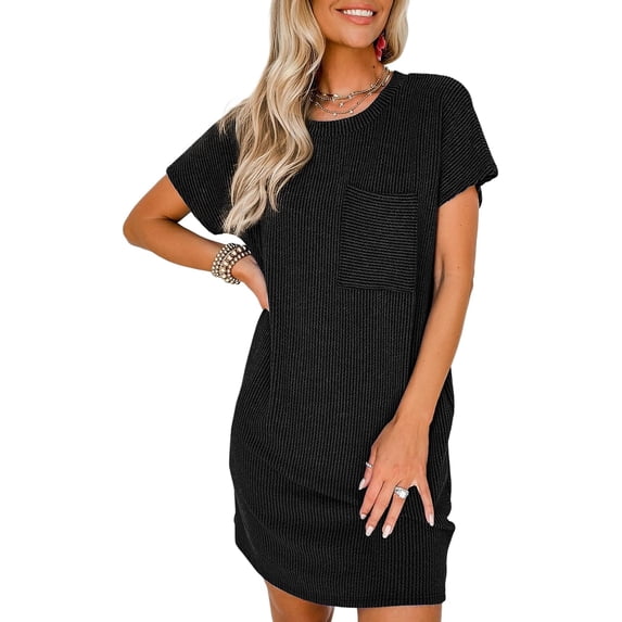 Womens Casual Summer Crewneck Short Sleeve Ribbed Mini Tshirt Dress, S-2XL
