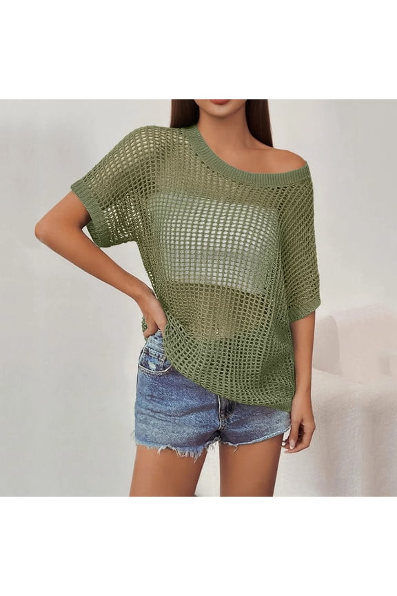 Womens Casual Summer Crochet Tops Half Sleeve Hollow Out Sweater Shirts Beach Knit Scoop Neck Coverup