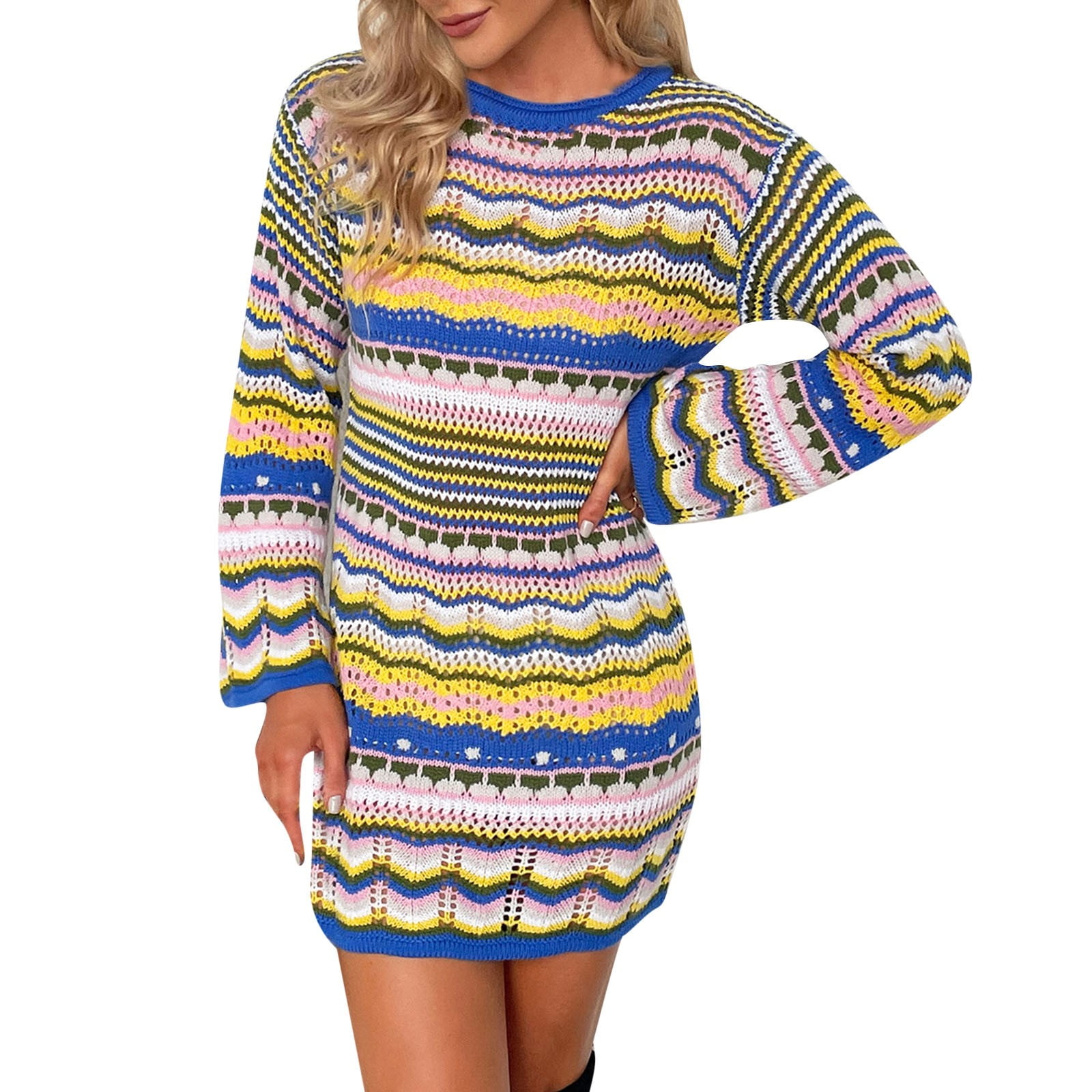 rainbow crochet dress long sleeve Rainbow Crochet Dress Bell Sleeve Knit Maxi Dress Medieval Revival 60s 70s  Costume Psychedelic Whimsigoth Hippie Boho Pride Colorful Gown