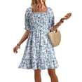thumbnail image 1 of Womens Casual Summer Dresses Short Sleeve Square Neck Smocked Boho Floral Sundress Flowy A-Line Mini Dress  Blue M, 1 of 4