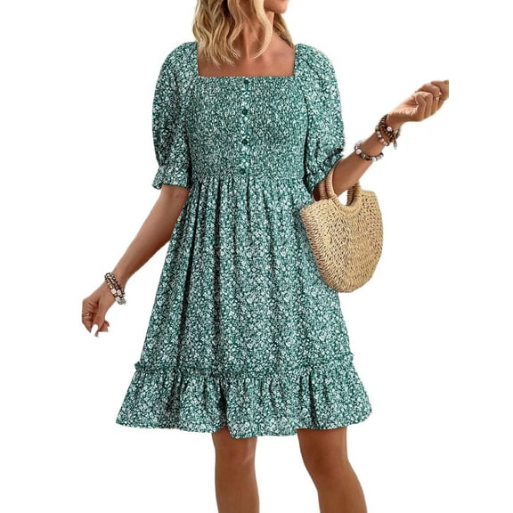 Womens Casual Summer Dresses Short Sleeve Square Neck Smocked Boho Floral Sundress Flowy A-Line Mini Dress Green XXL