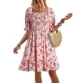 thumbnail image 1 of Womens Casual Summer Dresses Short Sleeve Square Neck Smocked Boho Floral Sundress Flowy A-Line Mini Dress Pink L, 1 of 6