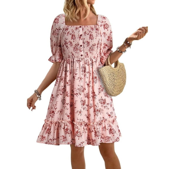 Womens Casual Summer Dresses Short Sleeve Square Neck Smocked Boho Floral Sundress Flowy A-Line Mini Dress Pink S