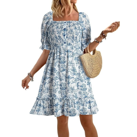 Womens Casual Summer Dresses Short Sleeve Square Neck Smocked Boho Floral Sundress Flowy A-Line Mini Dress L