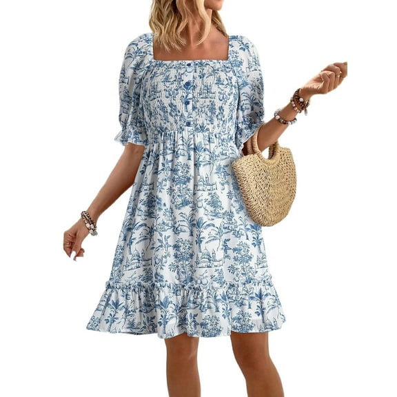 Womens Casual Summer Dresses Short Sleeve Square Neck Smocked Boho Floral Sundress Flowy A-Line Mini Dress S