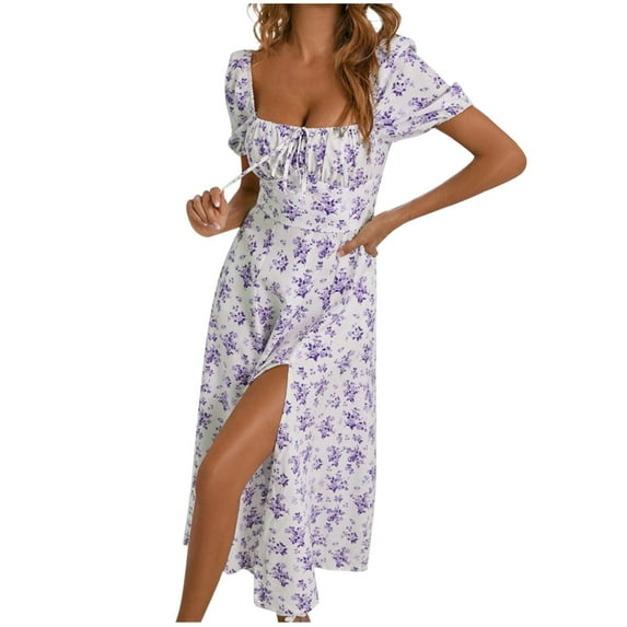 Womens Casual Summer Dresses Square Neck Short Sleeve Split Thigh Maxi Dress Floral Print Tie Front Midi Dresses