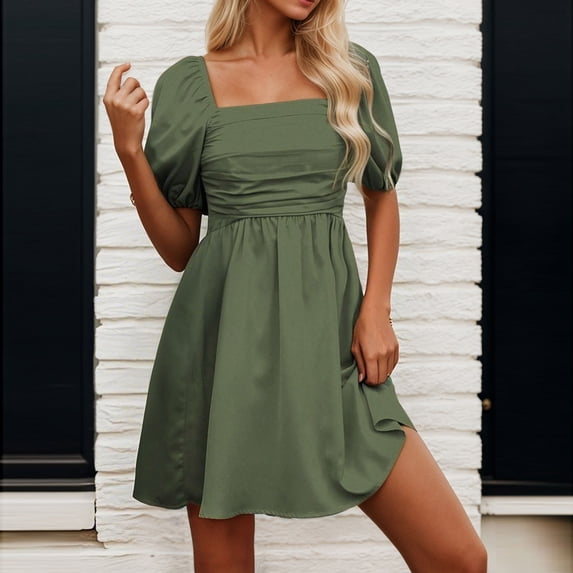 Womens Casual Summer Dresses Square Neckline Solid Color Puff Sleeve Pleated Short Sleeve Dress Dress Summer Business Casual Dress V Neck Dresses for Women Dress Casual for Women Petite Dress with