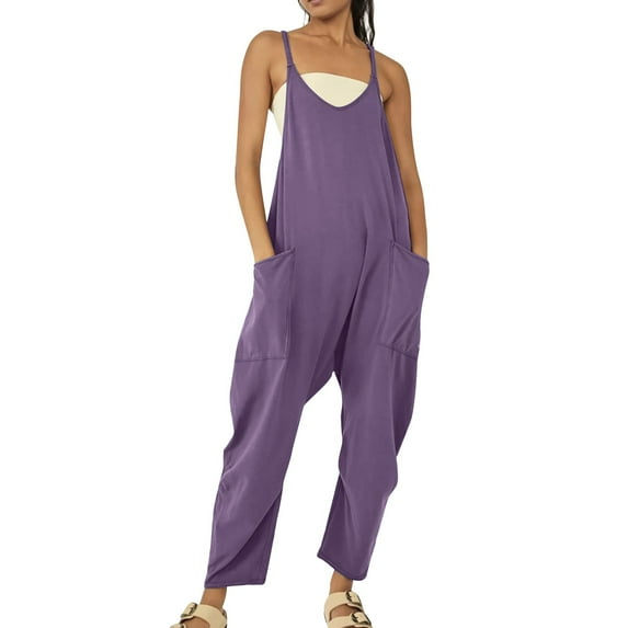 Womens Casual Summer Jumpsuit Sleeveless Loose Solid Color Comfortable Strap Loose Jumpsuit Pocket Jumpsuit For Women